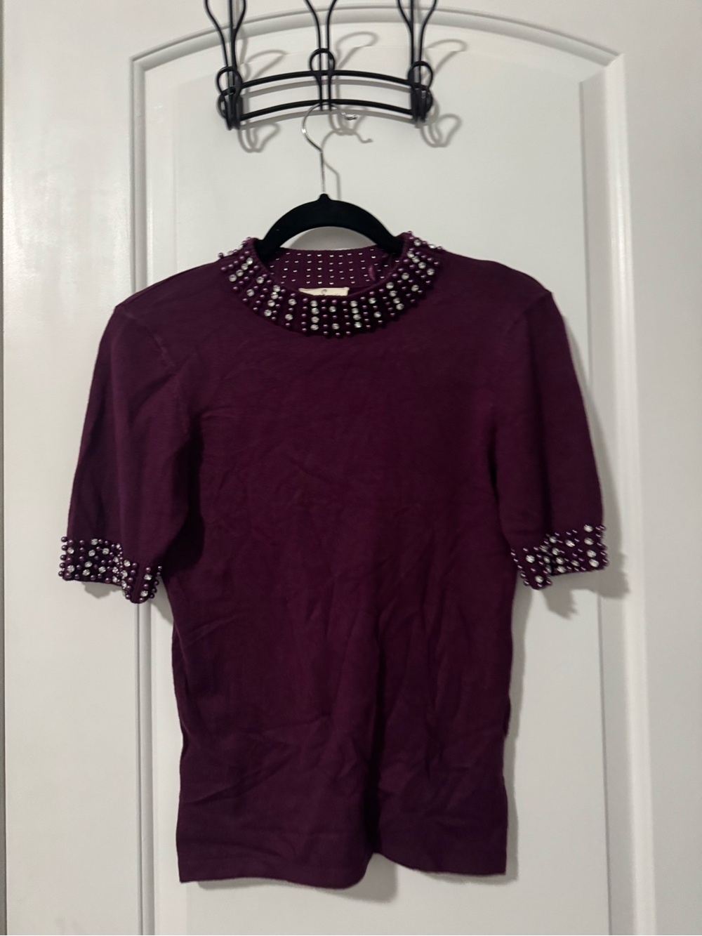 Embellished Short-Sleeve Knit Top in Plum